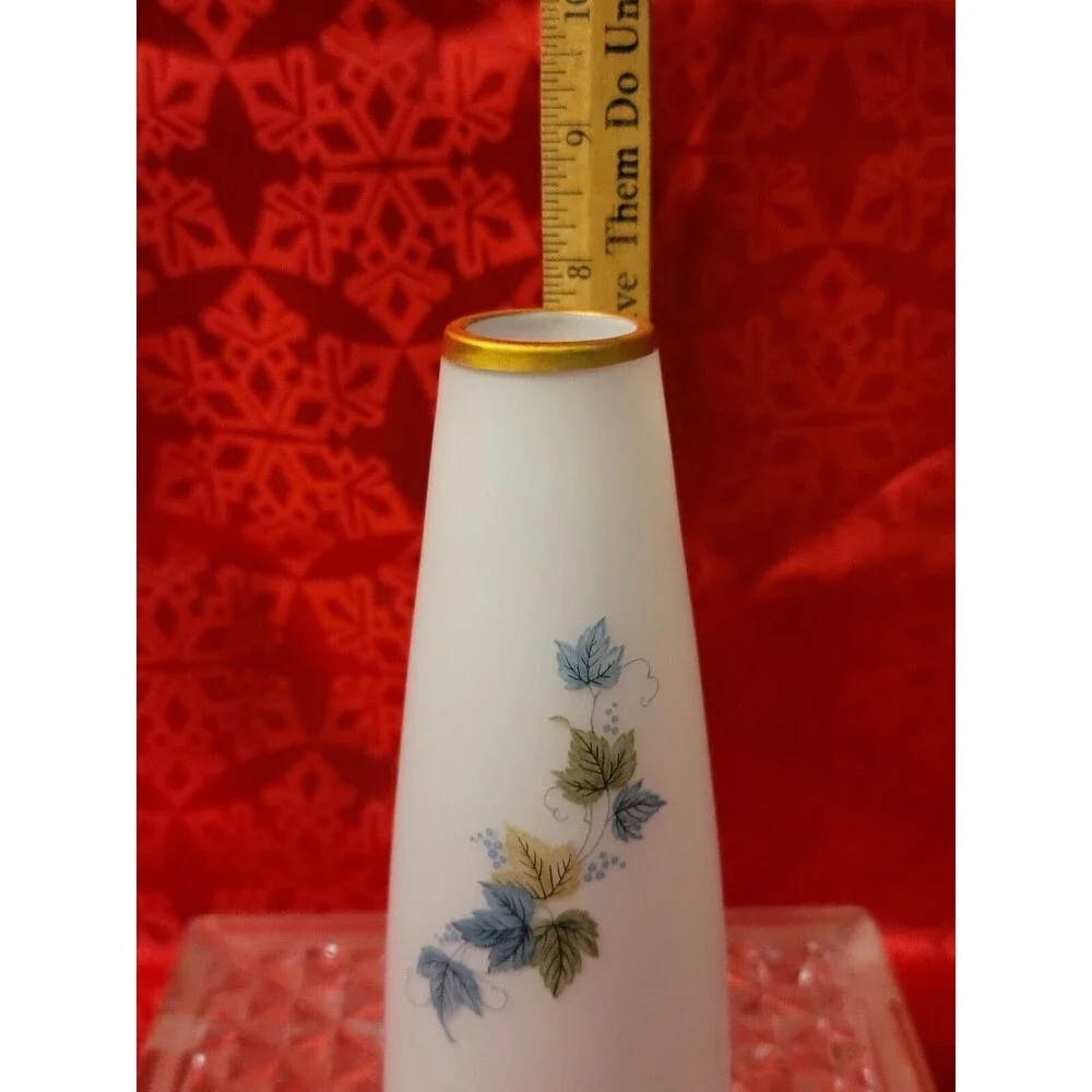 Vintage Fall Frosted Satin Glass Vase Blue Green Gold Leaves Trim Made in Japan
